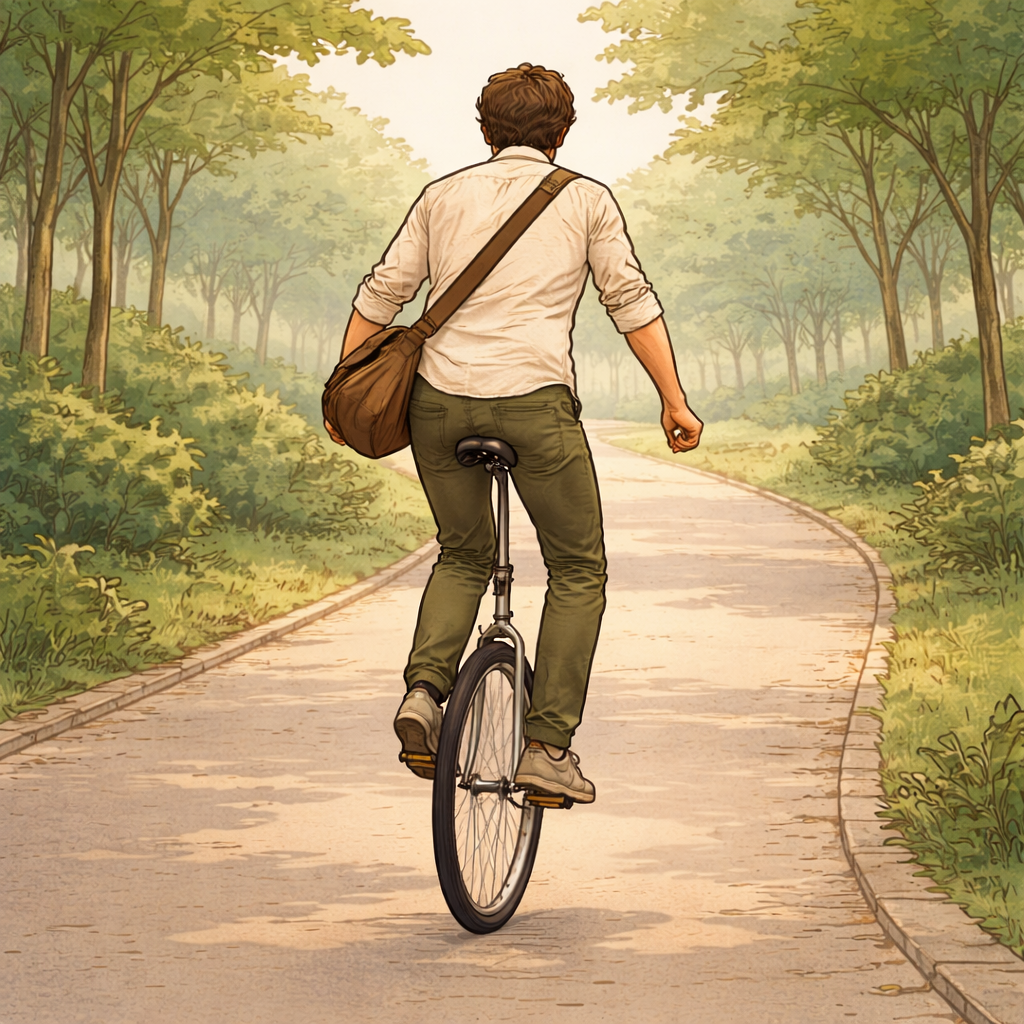 A person riding a unicycle down a peaceful path